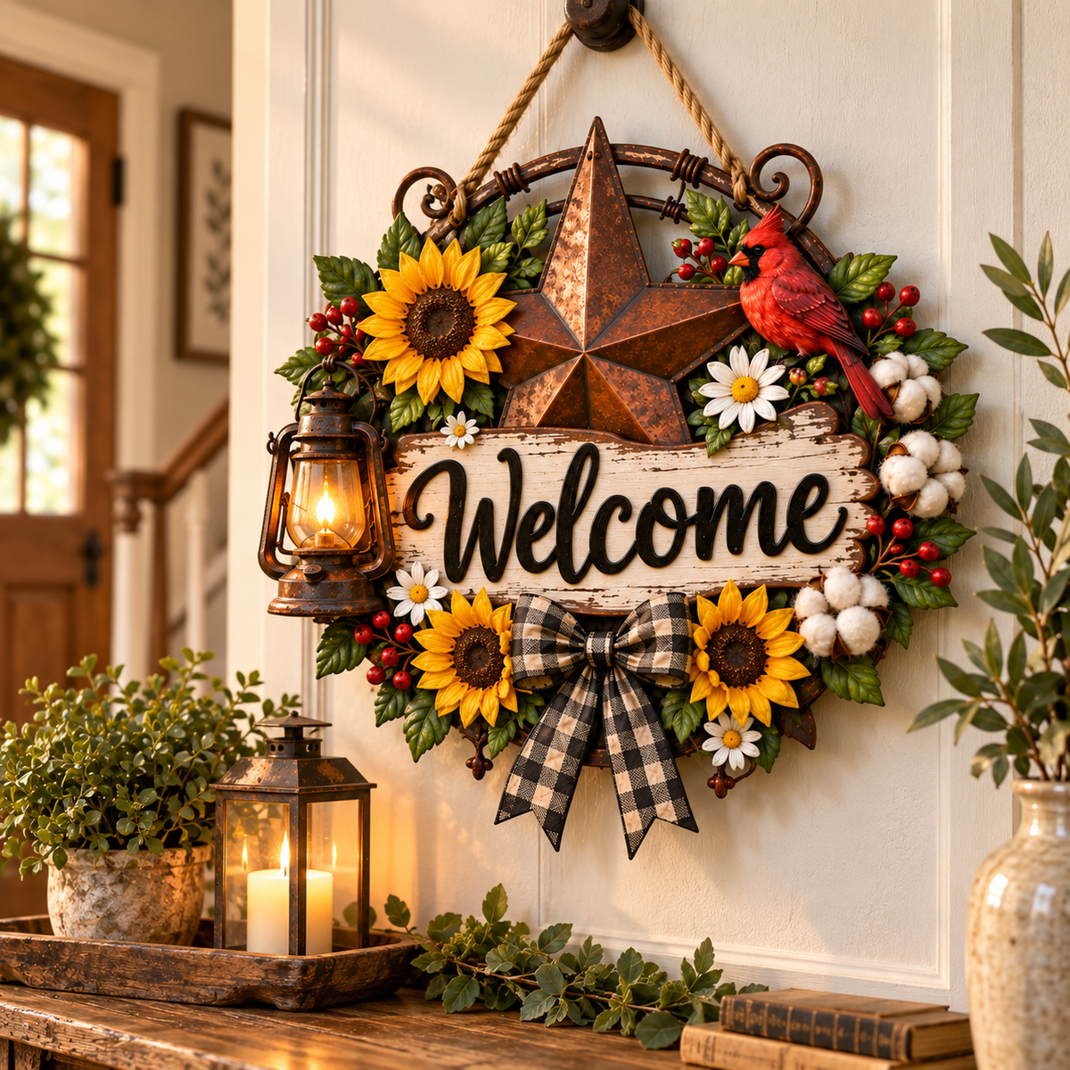 Rustic Cardinal & Sunflower Welcome Door Sign