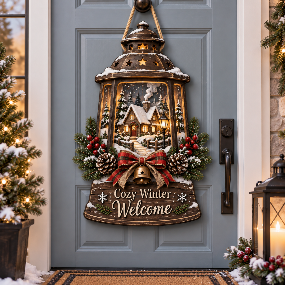 Cozy Winter Lantern Welcome Door Sign