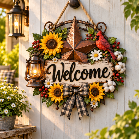 Rustic Cardinal & Sunflower Welcome Door Sign