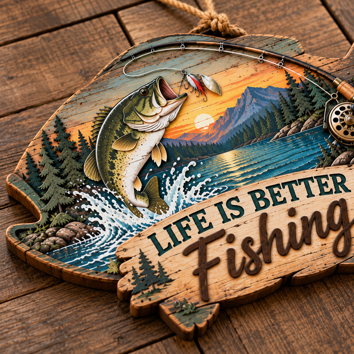 Rustic Fishing Lake Wooden Wall Sign – Life Is Better Fishing Hanging Decor