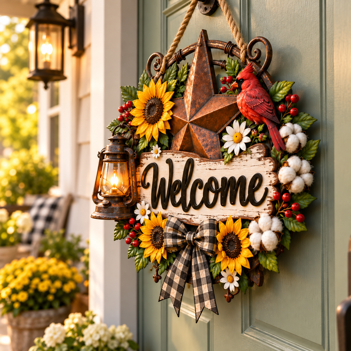 Rustic Cardinal & Sunflower Welcome Door Sign