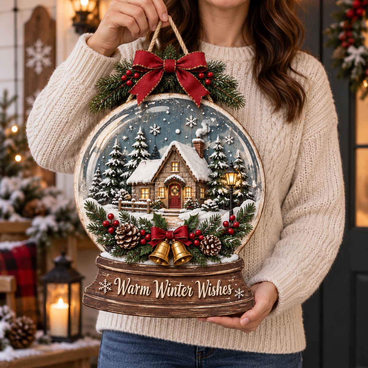 Warm Winter Wishes Snow Globe Door Sign