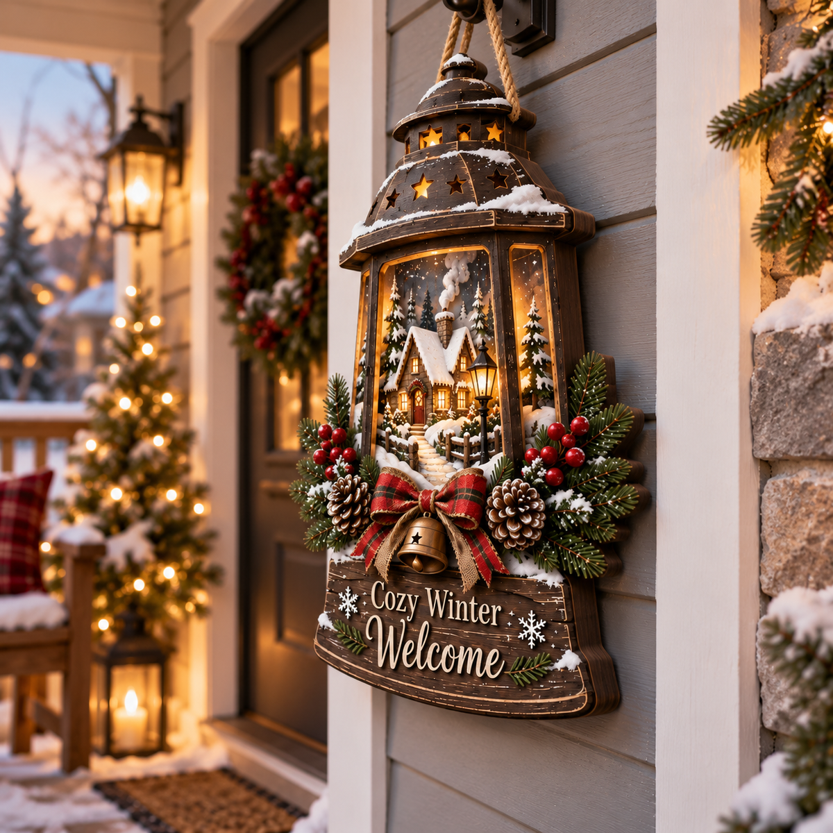 Cozy Winter Lantern Welcome Door Sign