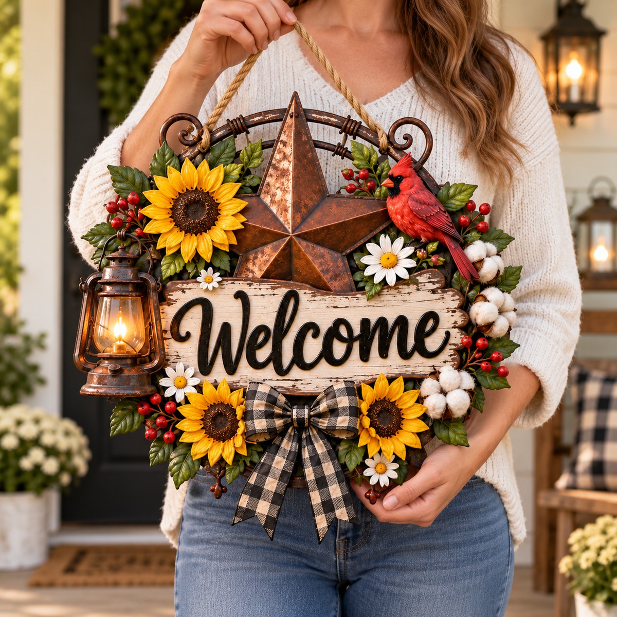 Rustic Cardinal & Sunflower Welcome Door Sign