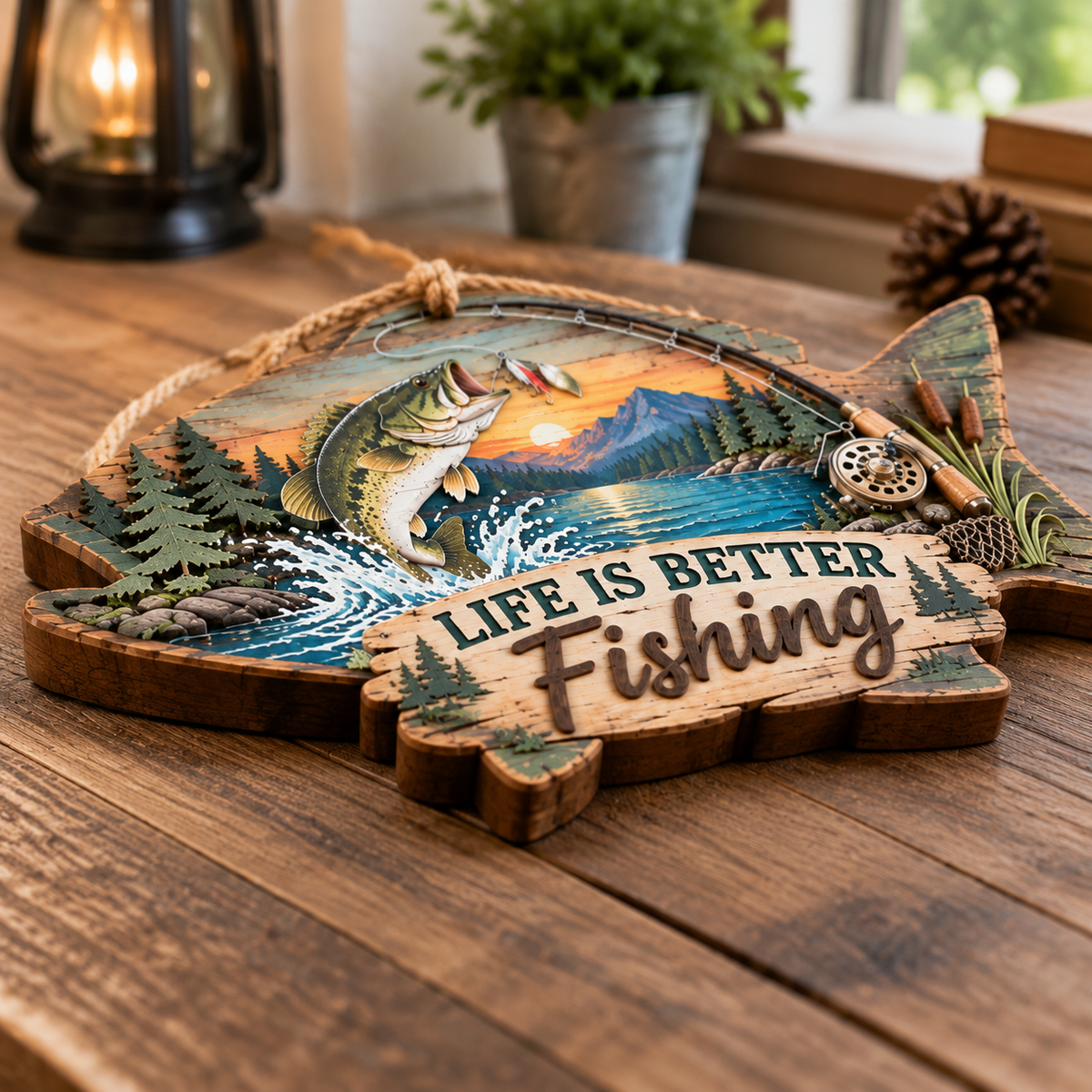 Rustic Fishing Lake Wooden Wall Sign – Life Is Better Fishing Hanging Decor