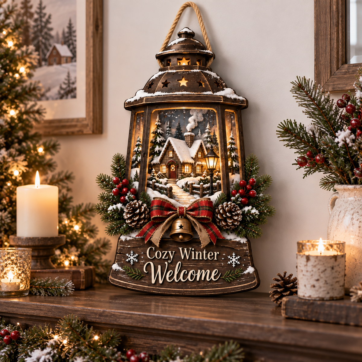 Cozy Winter Lantern Welcome Door Sign