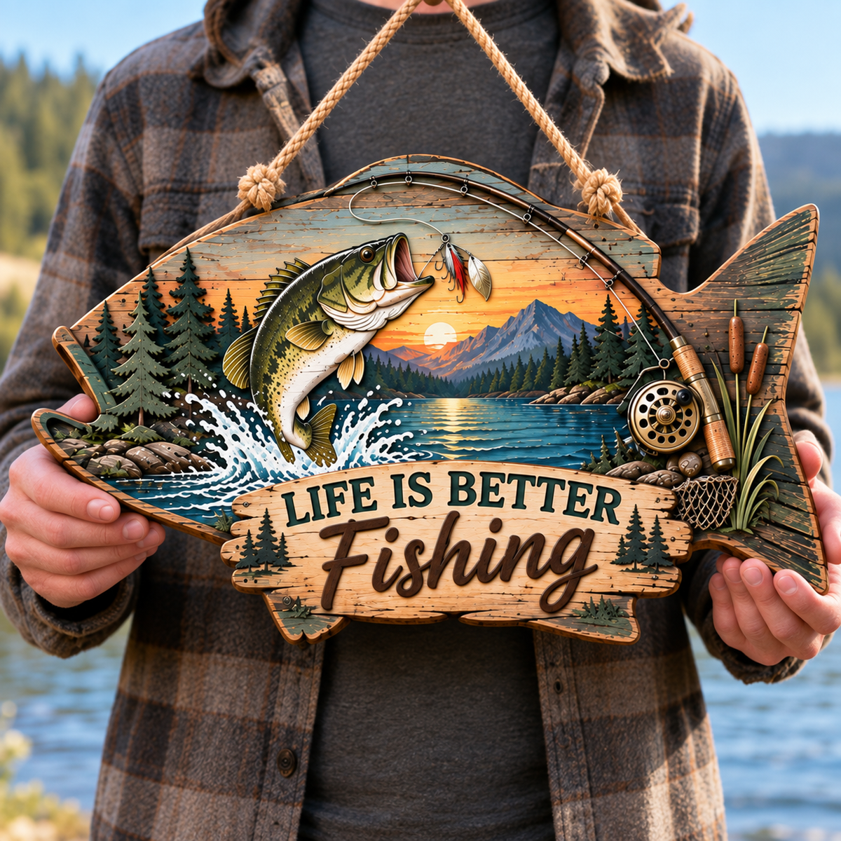 Rustic Fishing Lake Wooden Wall Sign – Life Is Better Fishing Hanging Decor