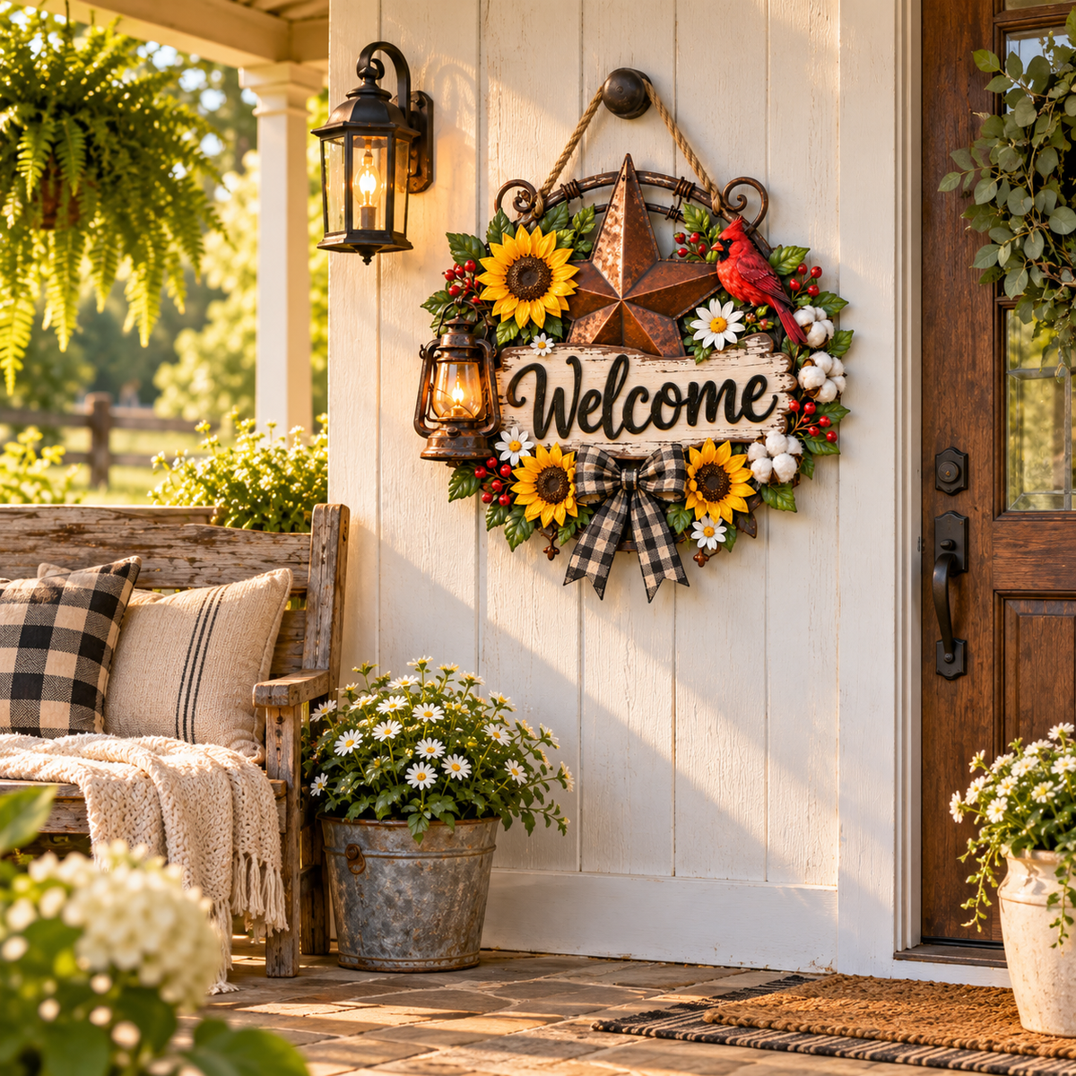 Rustic Cardinal & Sunflower Welcome Door Sign